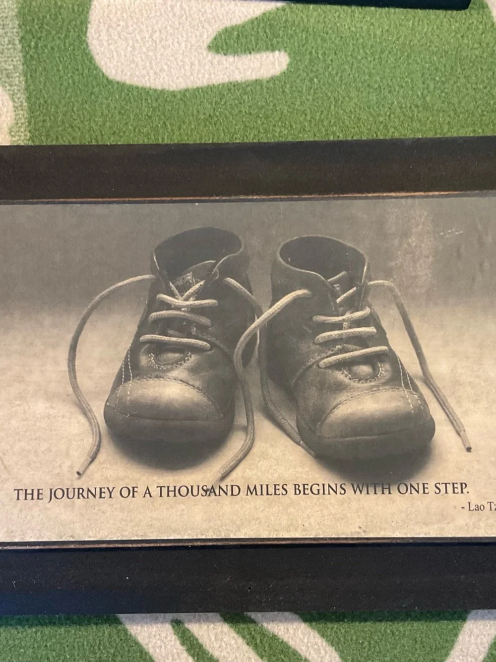 Vintage framed Lao Tzu Quote: “ The journey of 1000 miles”- Baby Shoes